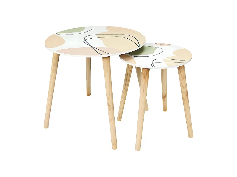 DISSA - Lot de 2 Tables Gigognes Motifs Abstraits Pieds Bois