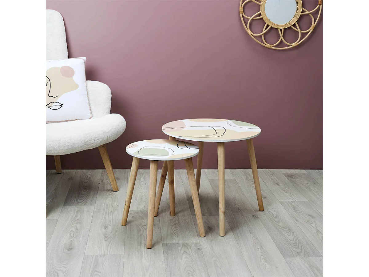 DISSA - Lot de 2 Tables Gigognes Motifs Abstraits Pieds Bois