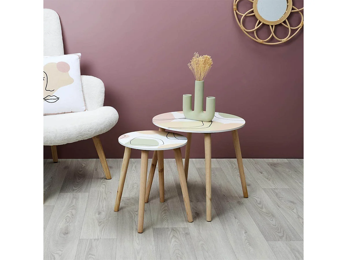 DISSA - Lot de 2 Tables Gigognes Motifs Abstraits Pieds Bois