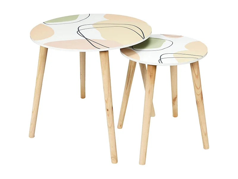 DISSA - Lot de 2 Tables Gigognes Motifs Abstraits Pieds Bois