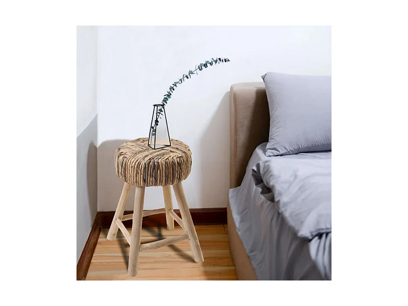 Tabouret/Table d'appoint artisanal en bois de teck et tressage - TRESA