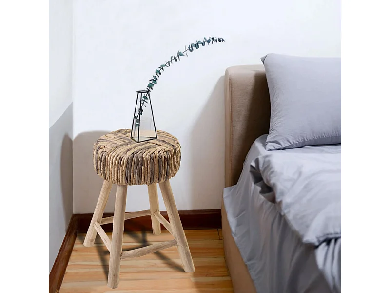 Tabouret/Table d'appoint artisanal en bois de teck et tressage - TRESA