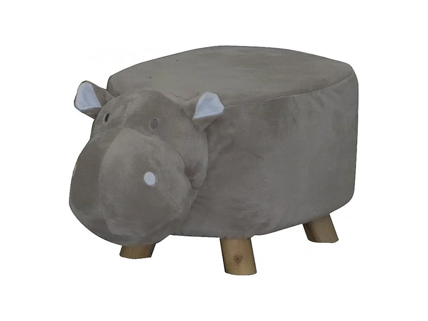 Tabouret pouf enfant hippopotame gris poils doux pied bois - HIPPO