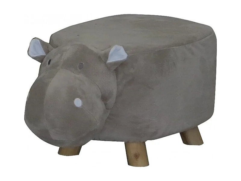 Tabouret pouf enfant hippopotame gris poils doux pied bois - HIPPO