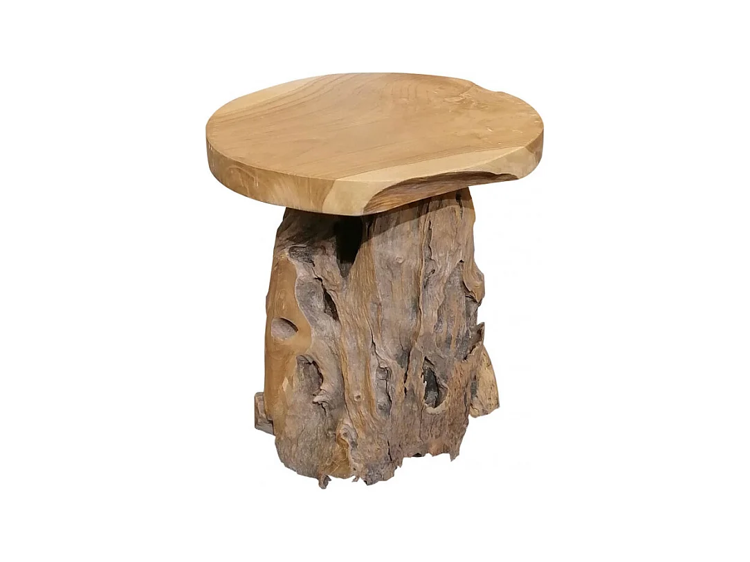 Tabouret en bois de teck plateau rond et piètement racine - DAPHNE 02