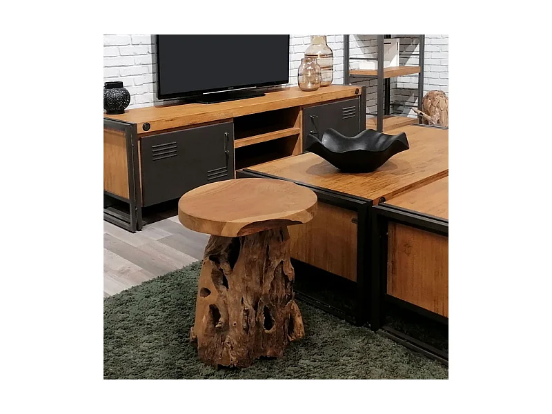 Tabouret en bois de teck plateau rond et piètement racine - DAPHNE 02