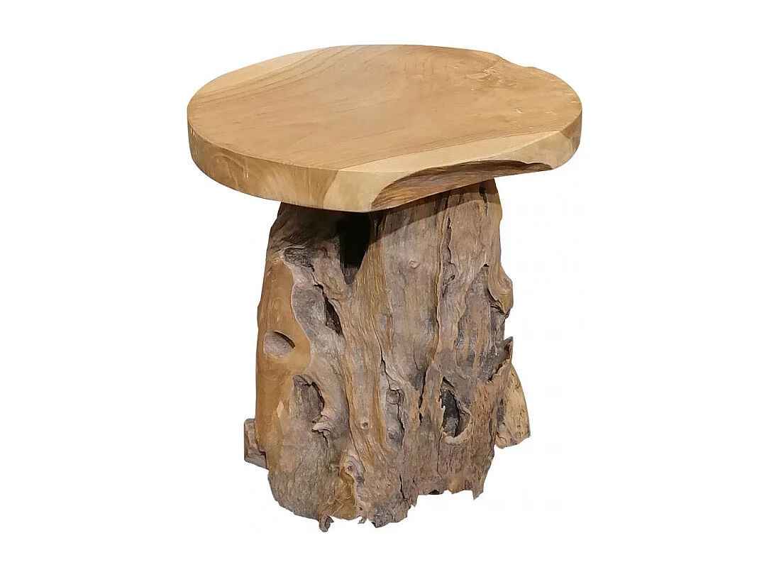 Tabouret en bois de teck plateau rond et piètement racine - DAPHNE 02