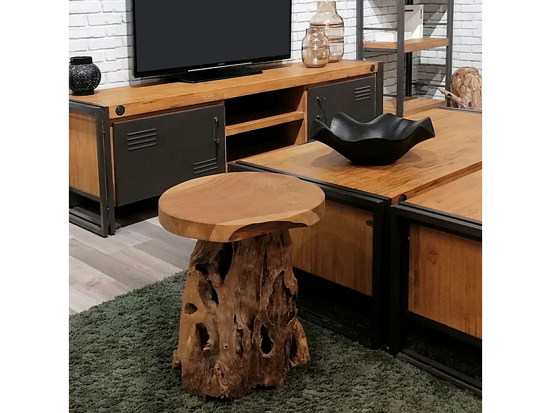 Tabouret en bois de teck plateau rond et piètement racine - DAPHNE 02