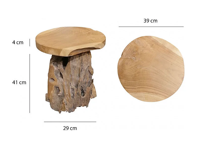 Tabouret en bois de teck plateau rond et piètement racine - DAPHNE 02