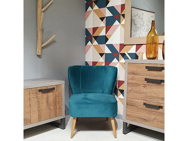 Petit fauteuil bas en velours bleu style crapaud - KARLA