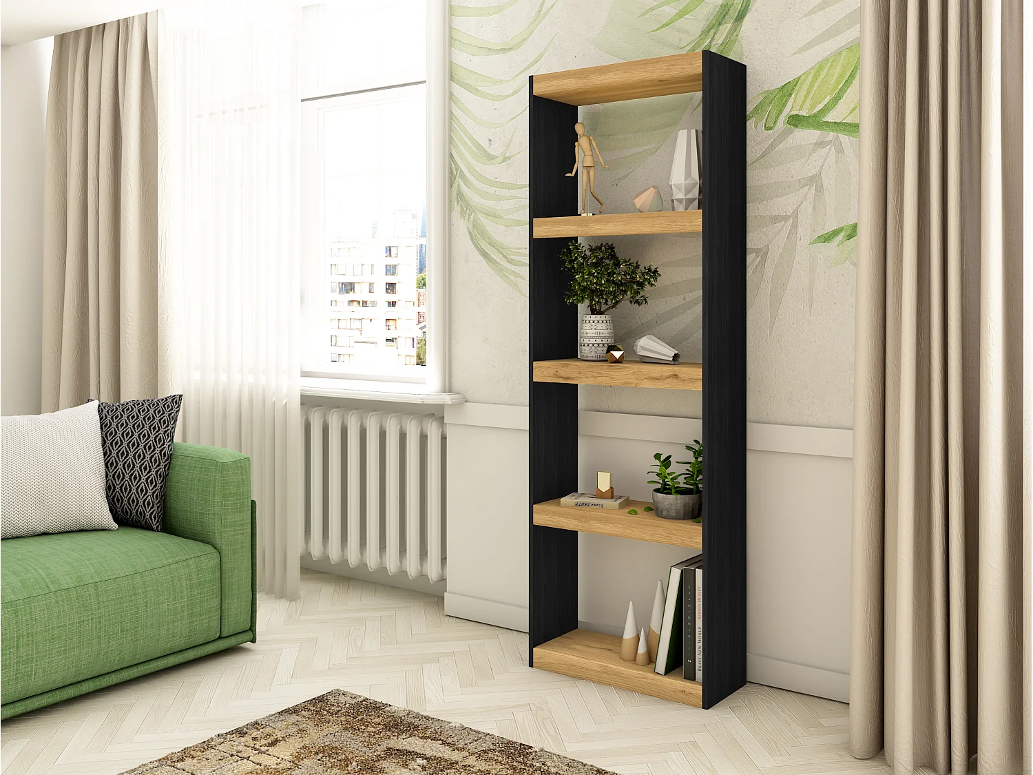 Estantería TOTEM 5 Niveles - Librería - para Salón - Color Negro/Roble 181x60x25 cm