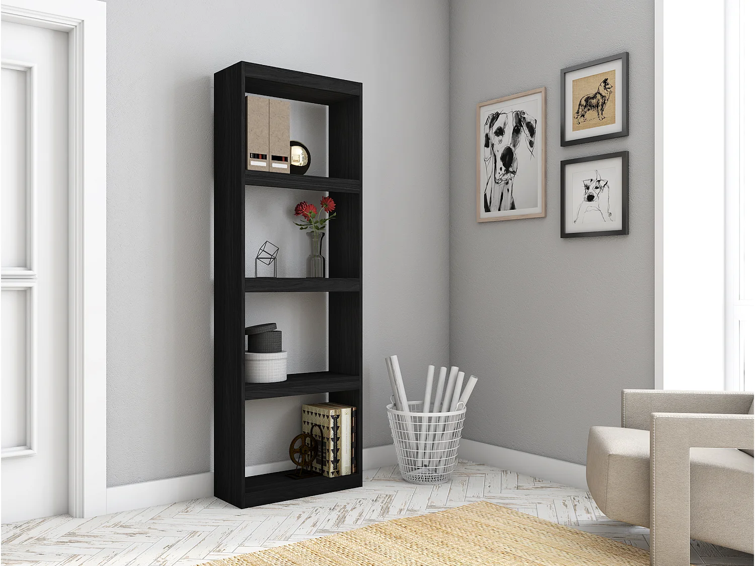 Libreria TOTEM - 5 Ripiani - Scaffale Moderna - Portaoggetti Stabile - Per Soggiorno - Sala da Pranzo - Ufficio - colore Nero 181 x 60 x 25 cm