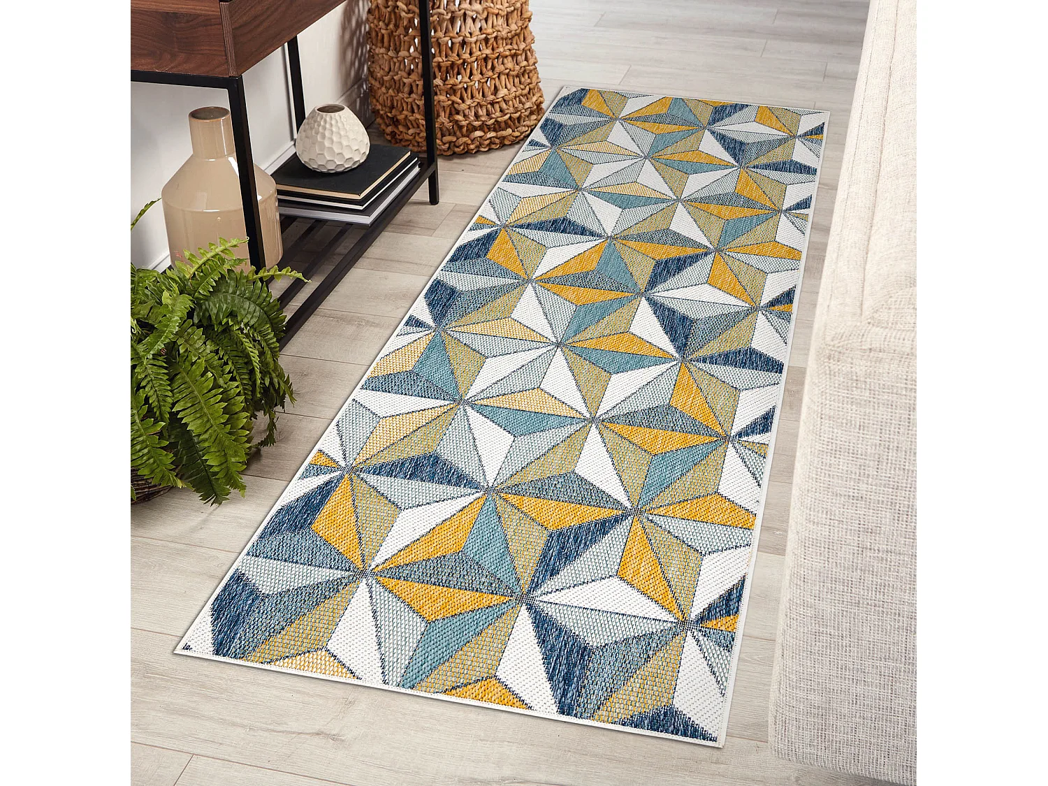 Teppich, Läufer SISAL COOPER Mosaik, Dreiecke 22222 ecru / dunkelblau 60x300 cm