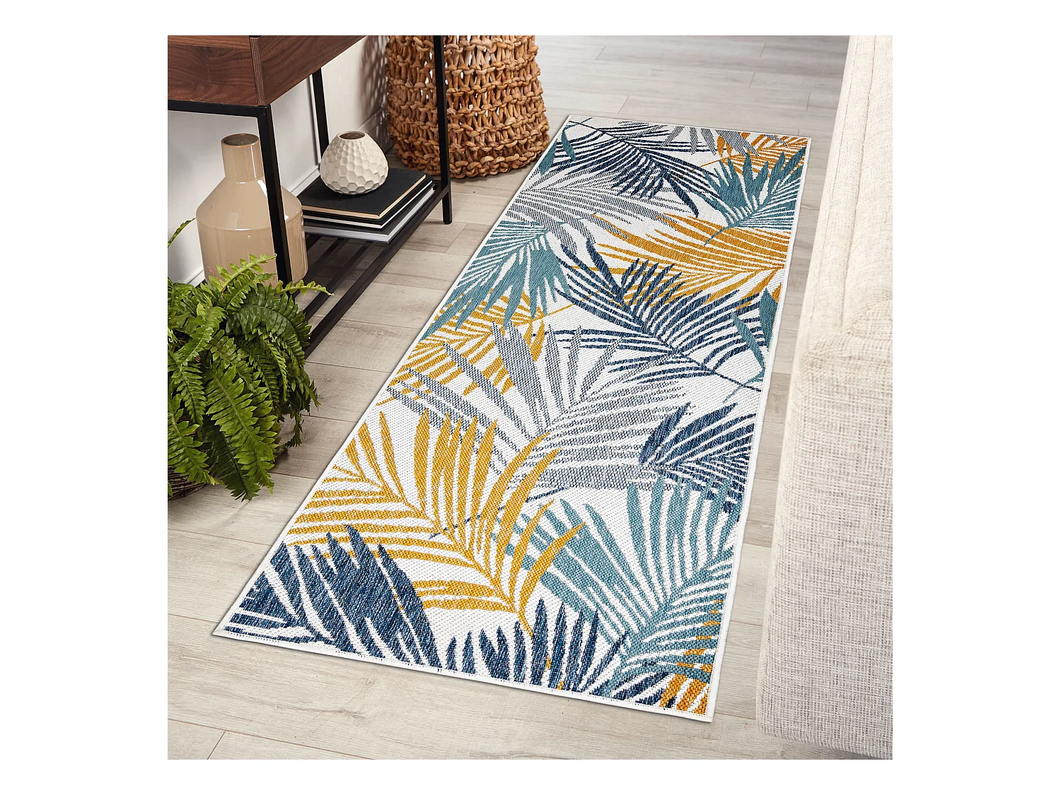 Sisal tapijt, loper SISAL COOPER Bladeren 22258 ecru / donkerblauw 80x200 cm