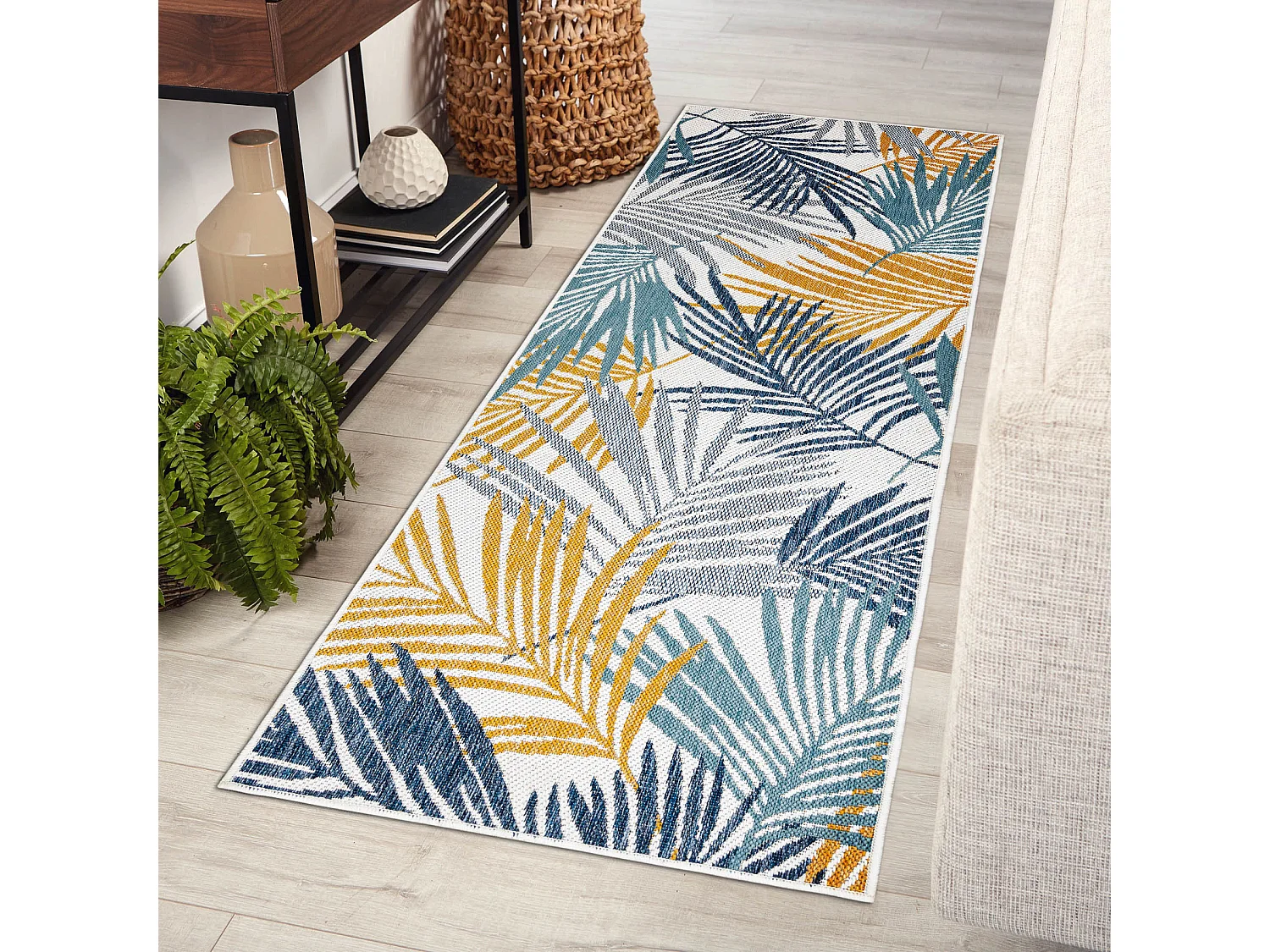 Tapis, tapis de couloir SIZAL COOPER Feuilles 22258 écru / bleu fonc� 80x200 cm