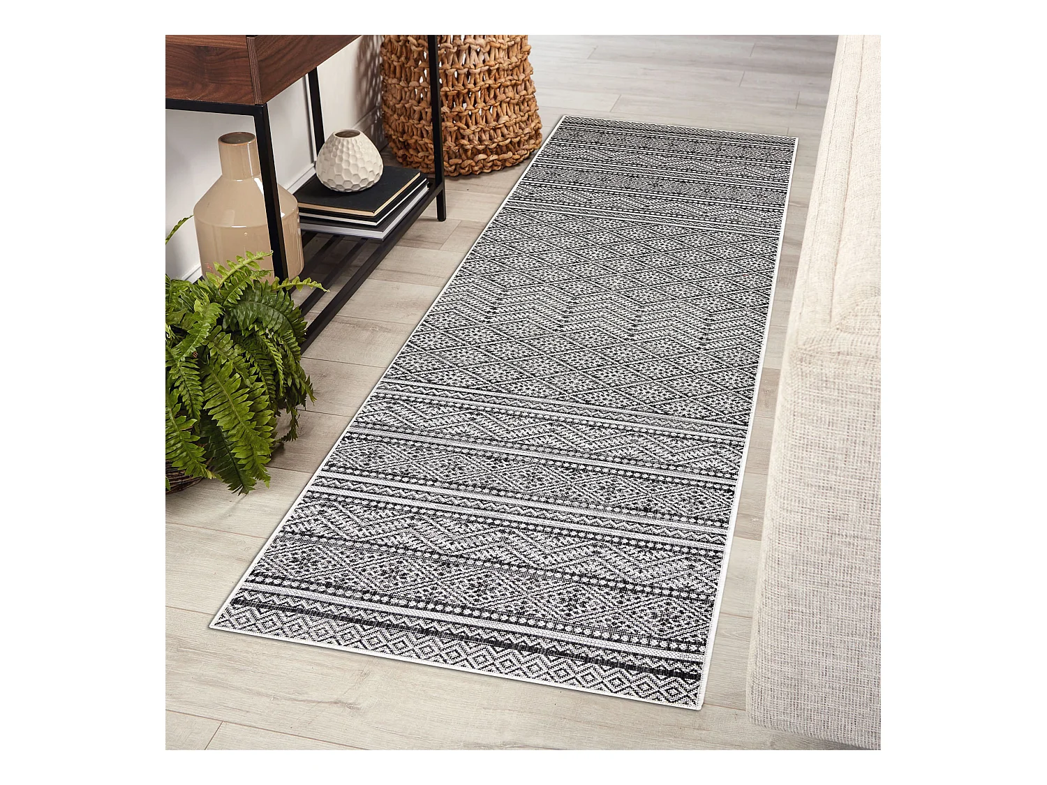 Sisal tapijt, Loper SION azteeks 22168 plat te weven zwart / ecru 80x250 cm