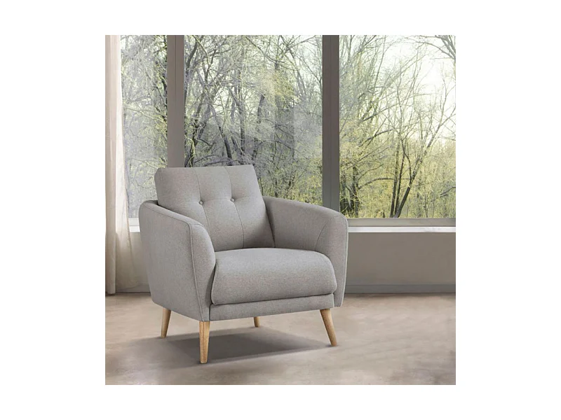 Fauteuil en tissu gris avec coussin pieds bois de hêtre massif - LORNA