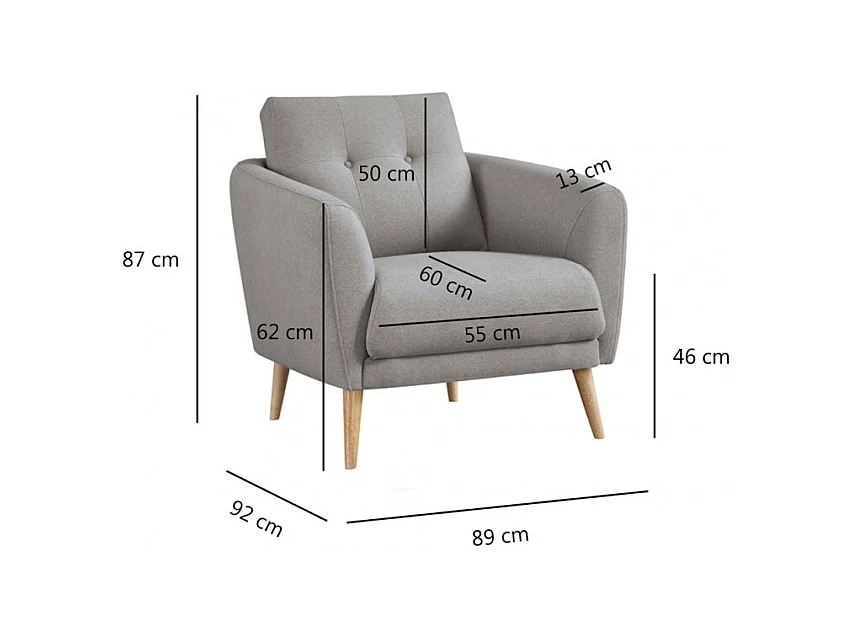 Fauteuil en tissu gris avec coussin pieds bois de hêtre massif - LORNA