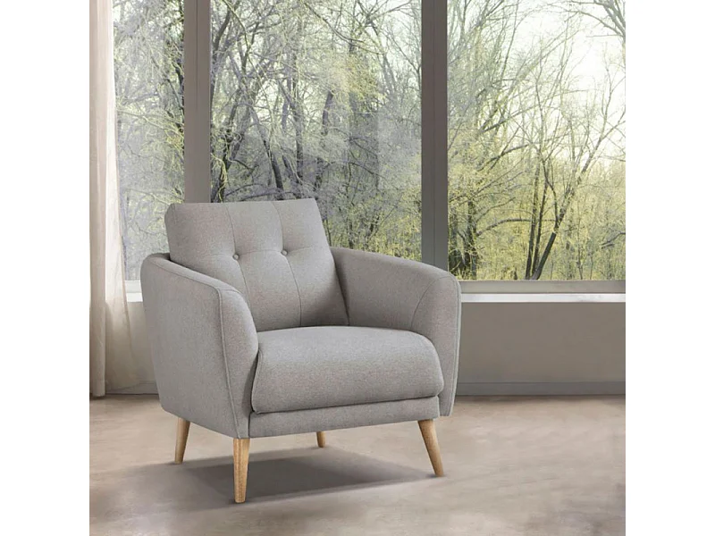 Fauteuil en tissu gris avec coussin pieds bois de hêtre massif - LORNA