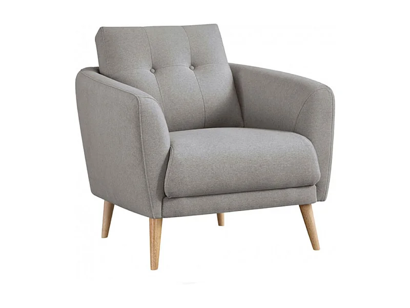 Fauteuil en tissu gris avec coussin pieds bois de hêtre massif - LORNA