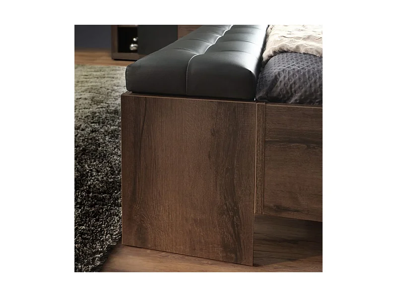 Banc Coffre 185 cm Décor Chêne Foncé Assise Capitonnée Noir - RIVIERA