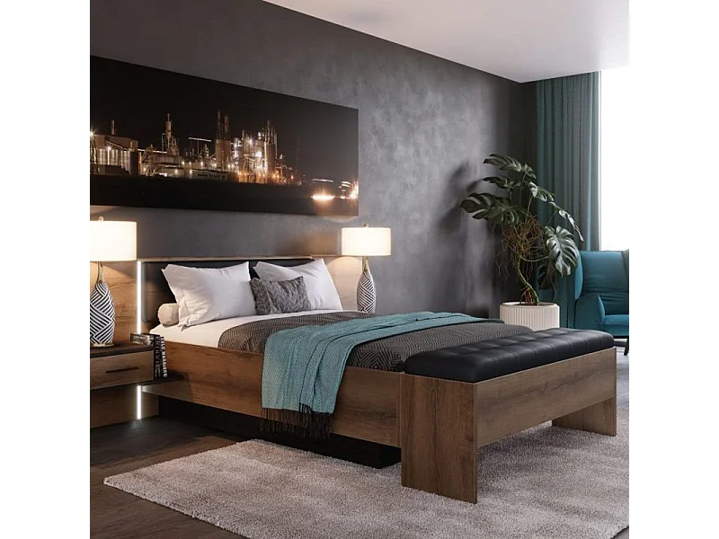 Banc Coffre 185 cm Décor Chêne Foncé Assise Capitonnée Noir - RIVIERA