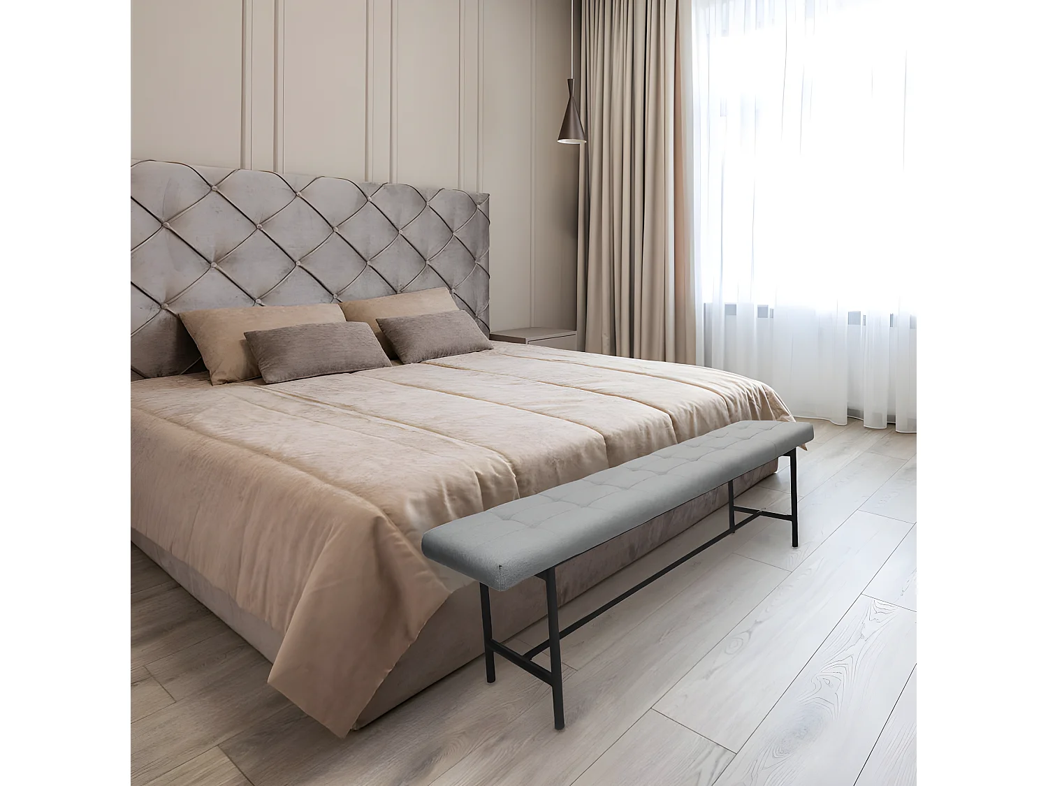 Banc en tissu gris capitonné avec structure en acier noir - MORO 8879