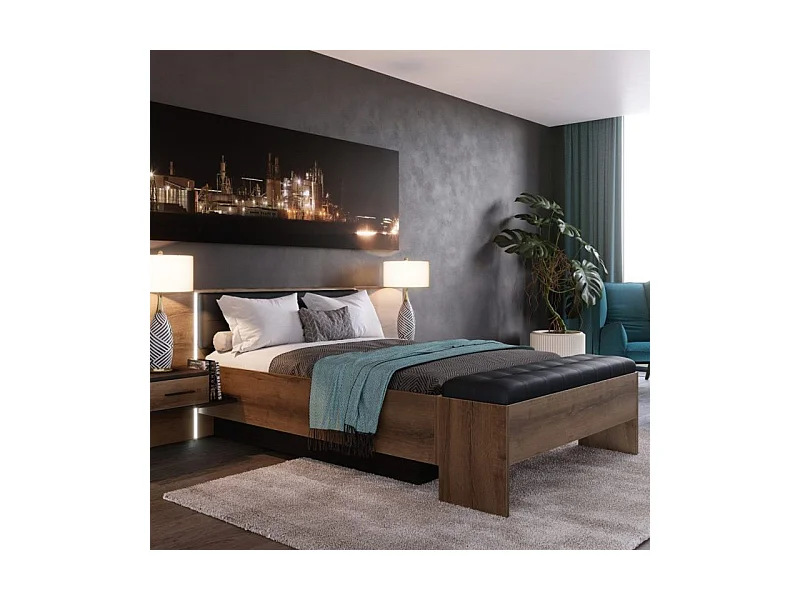 Banc coffre 165 cm décor chêne foncé assise capitonnée noir - RIVIERA