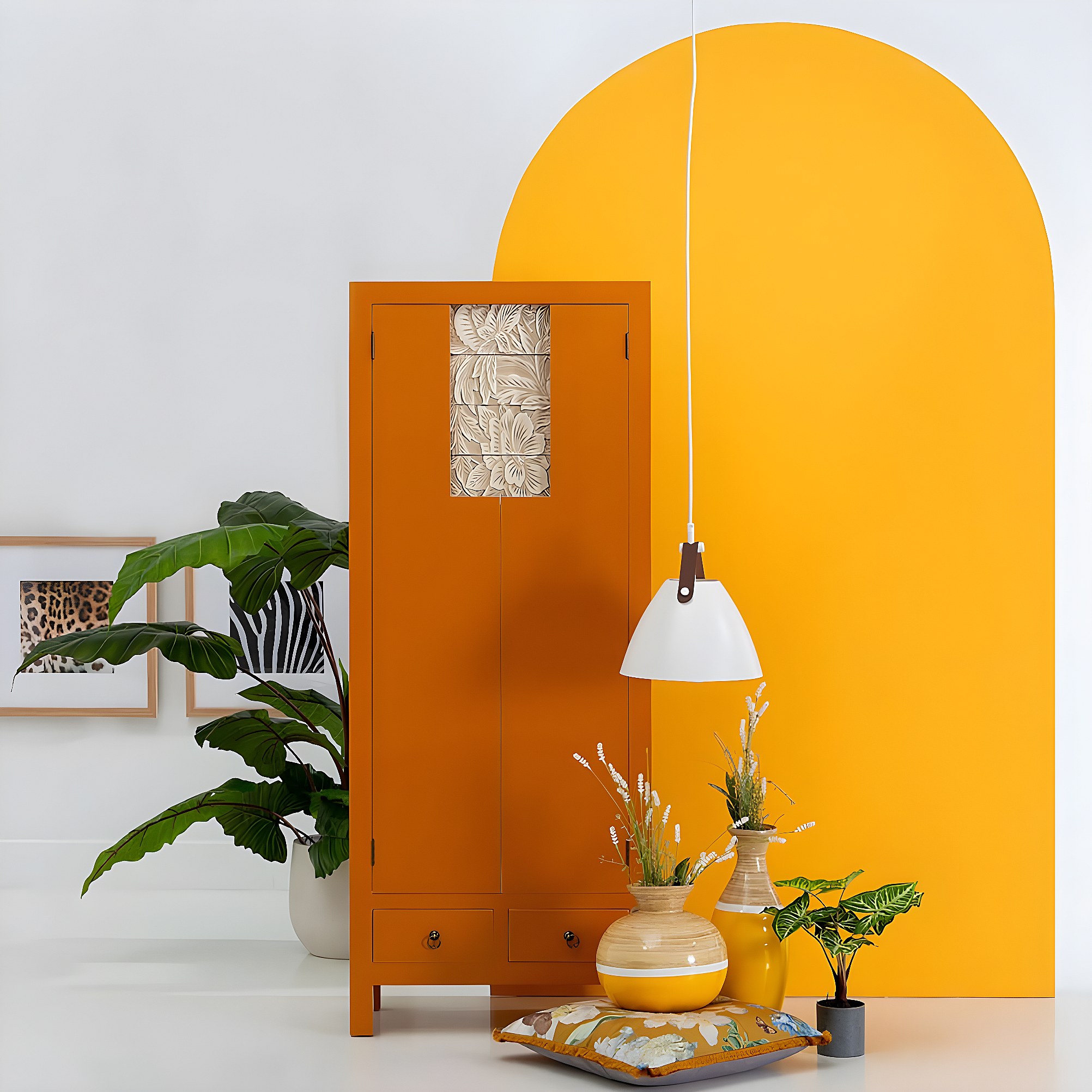 LAZIE Armoire 2 Portes Coloris Orange et Motif Floral