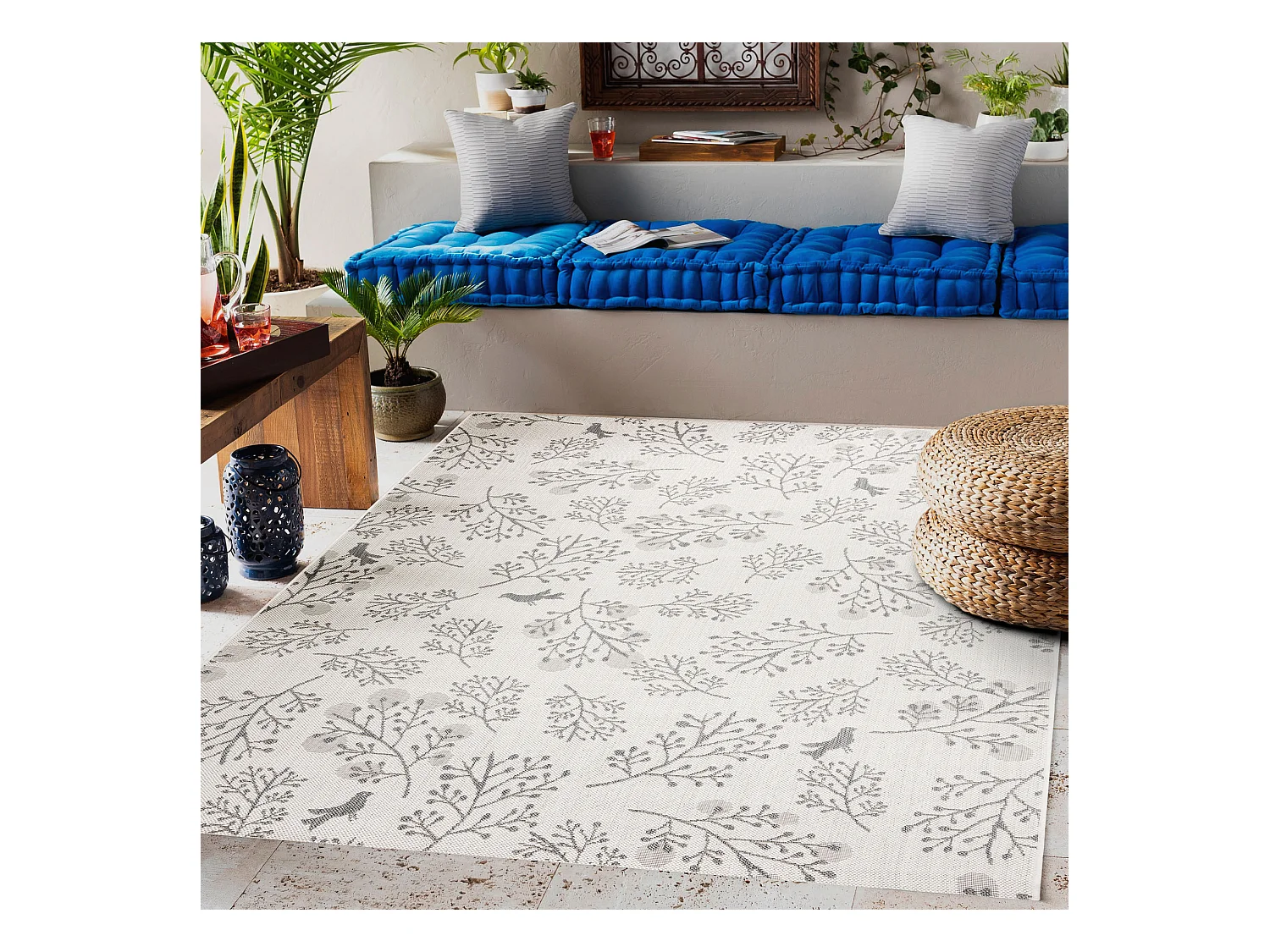 Tapis EN CORDE SIZAL FLAT 48774/367 Petites feuilles Petits Oiseaux cr 80x150 cm