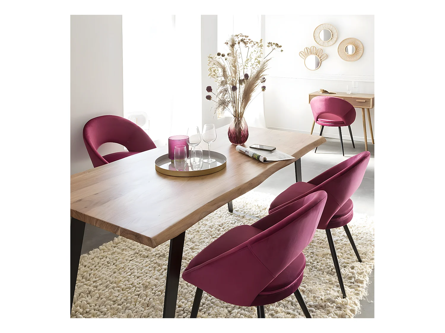 Chaise style fauteuil en velours rose framboise Elouan (lot de 2)