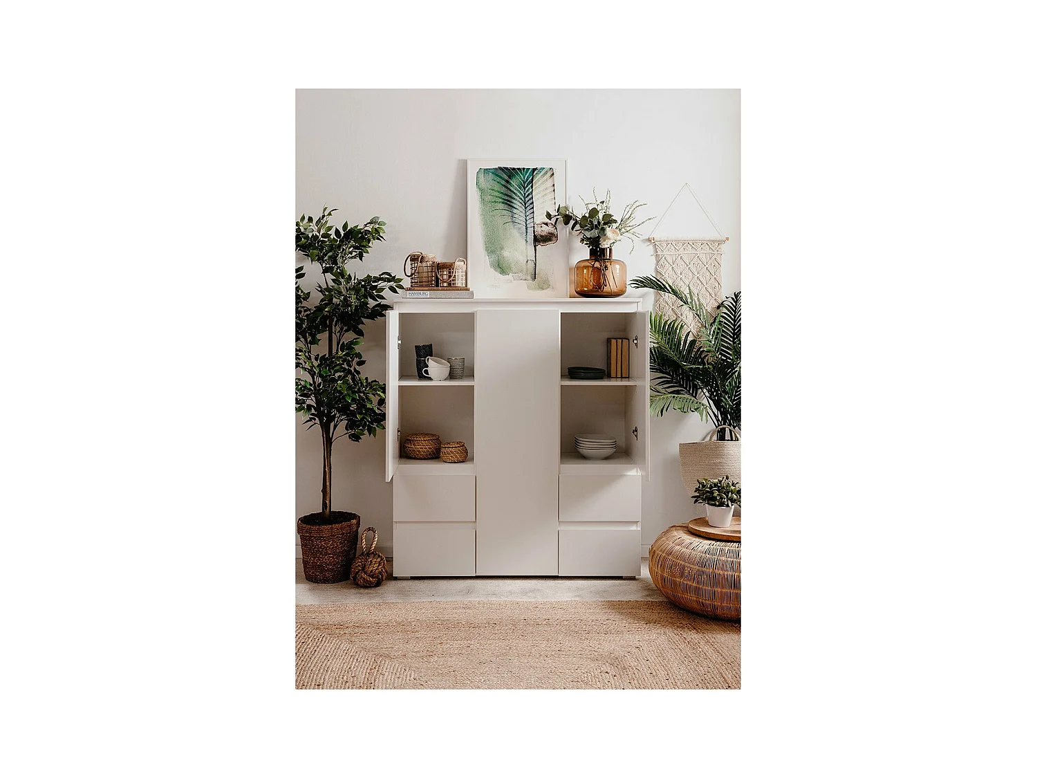 Buffet haut 3 portes, 4 tiroirs et 5 étagères - L116 x H131cm