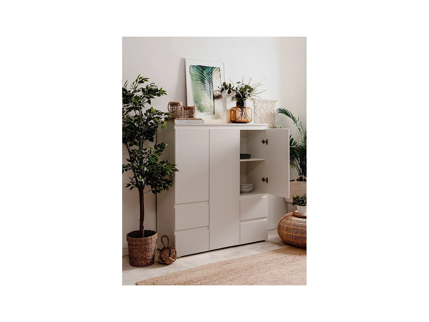 Buffet haut 3 portes, 4 tiroirs et 5 étagères - L116 x H131cm