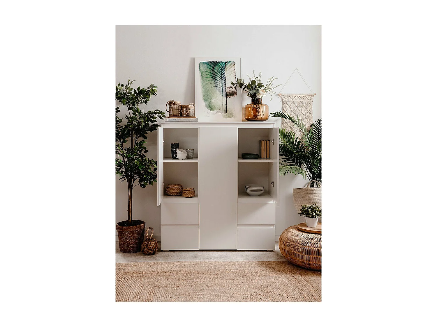 Buffet haut 3 portes, 4 tiroirs et 5 étagères - L116 x H131cm