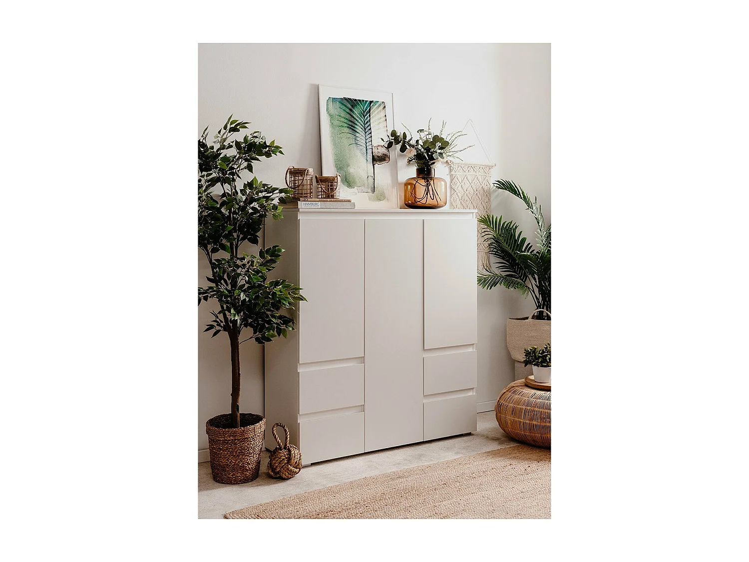 Buffet haut 3 portes, 4 tiroirs et 5 étagères - L116 x H131cm