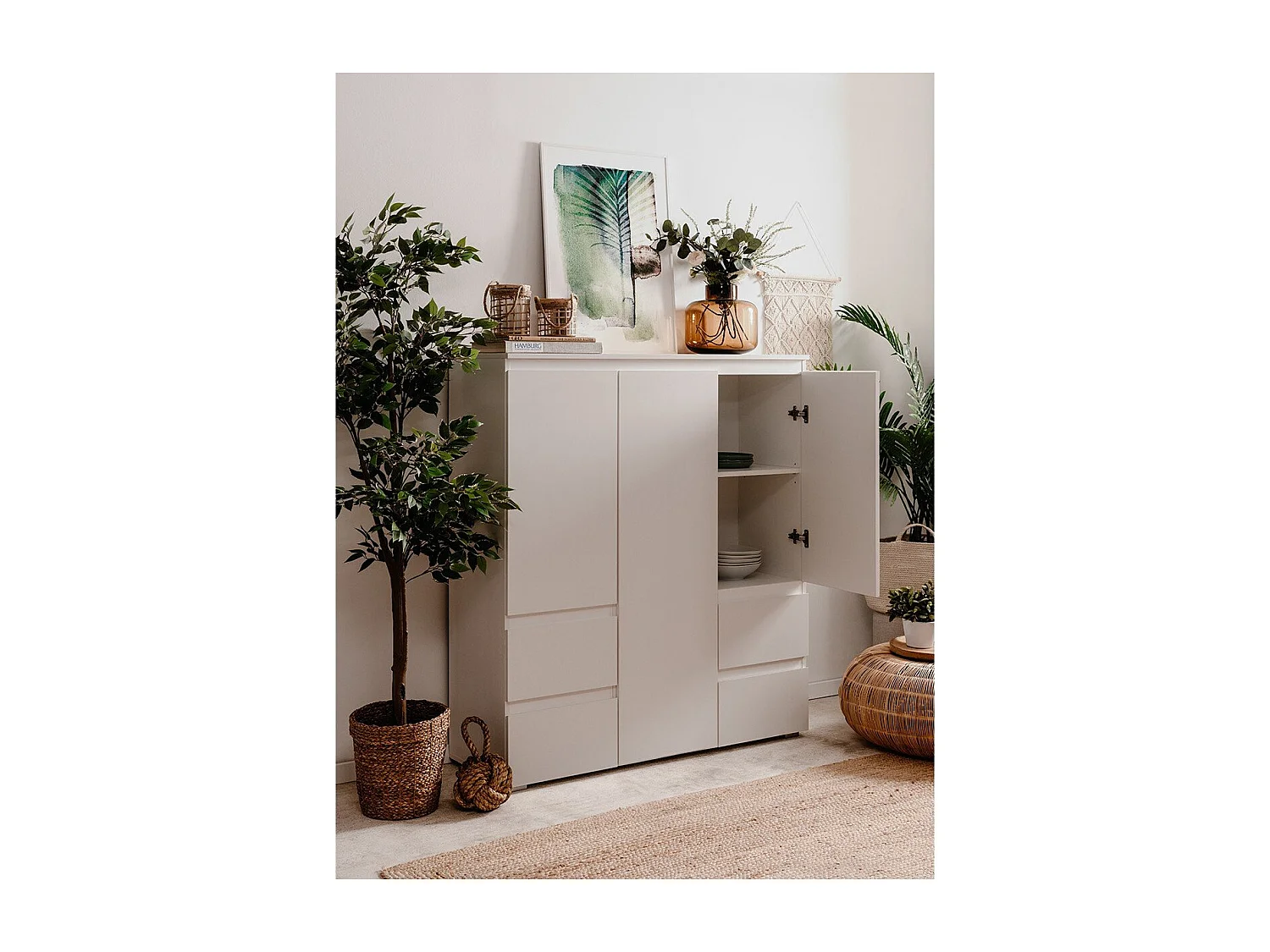 Buffet haut 3 portes, 4 tiroirs et 5 étagères - L116 x H131cm