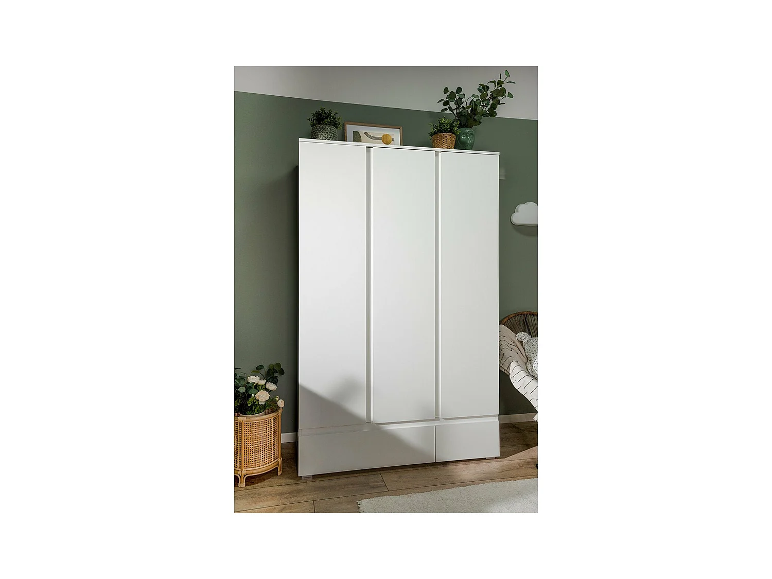 Armoire 3 portes 2 tiroirs blanc - L120 x H191cm