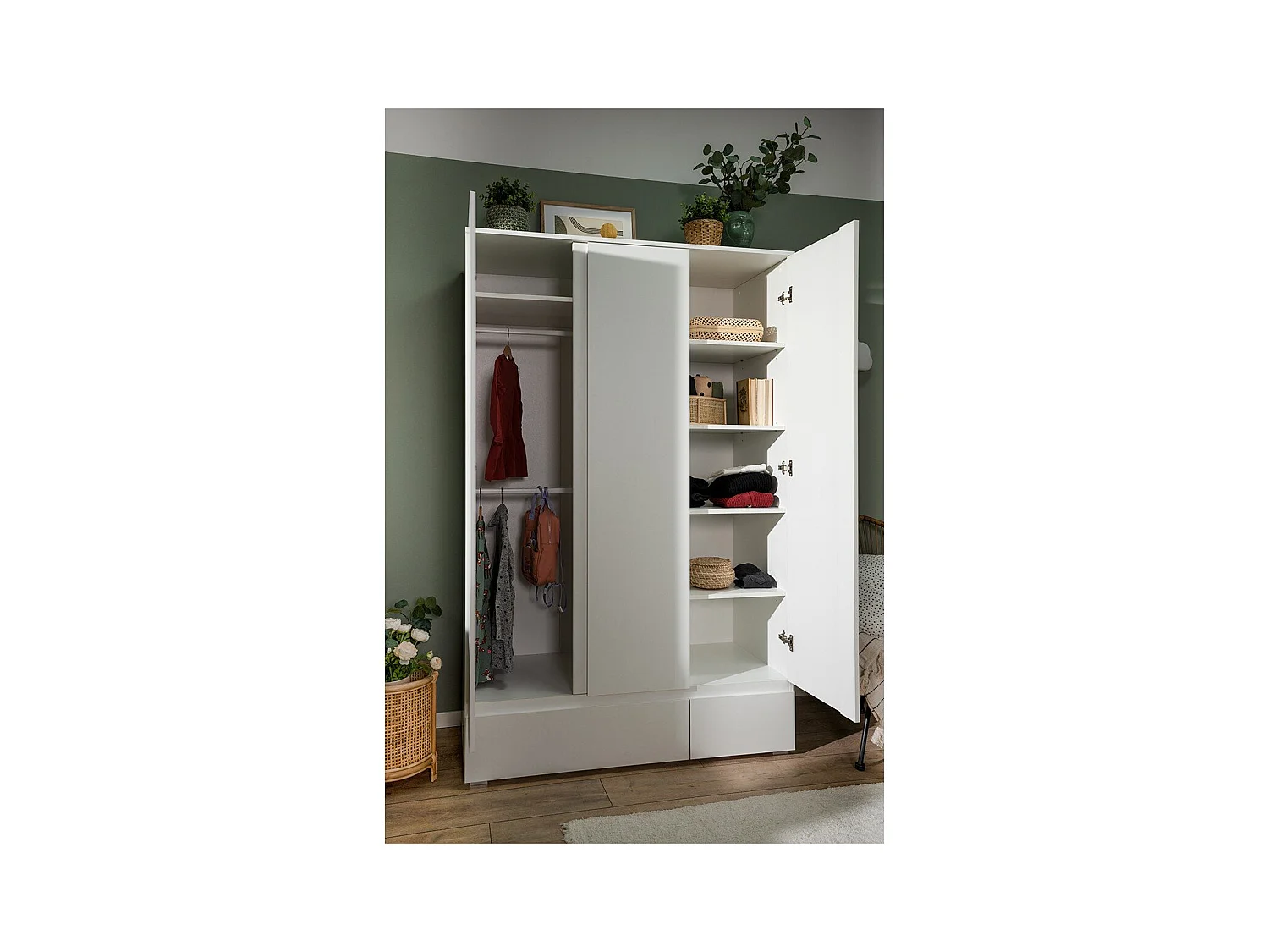 Armoire 3 portes 2 tiroirs blanc - L120 x H191cm