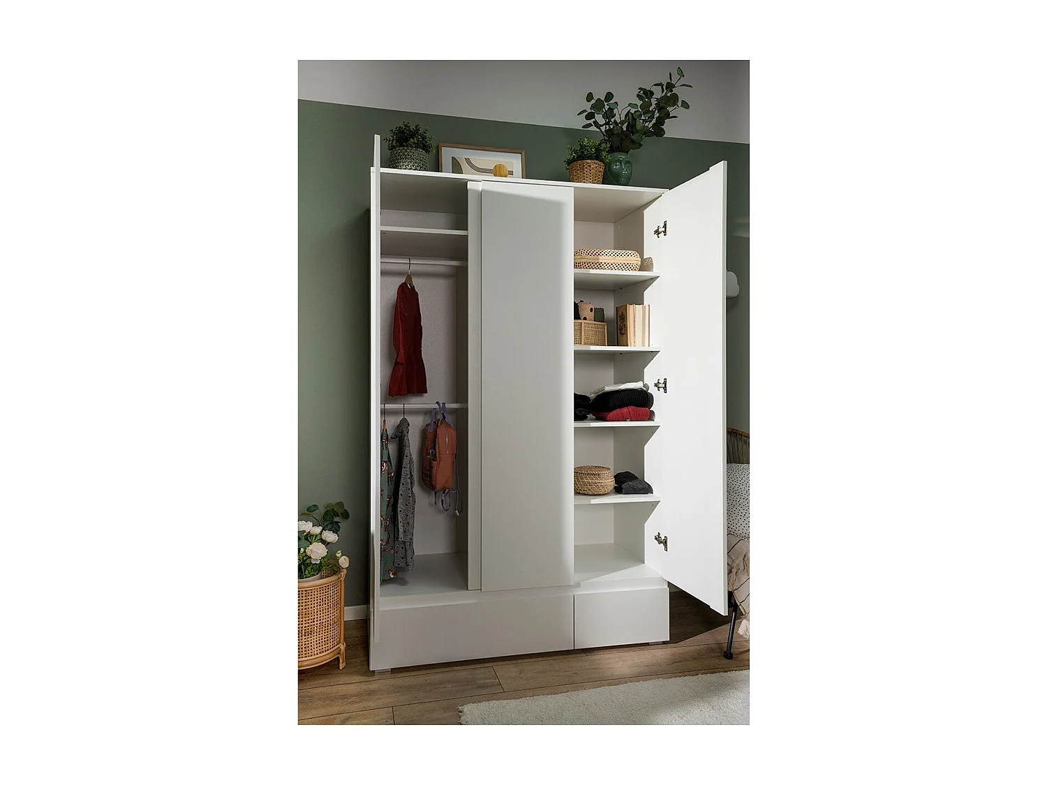 Armoire 3 portes 2 tiroirs blanc - L120 x H191cm