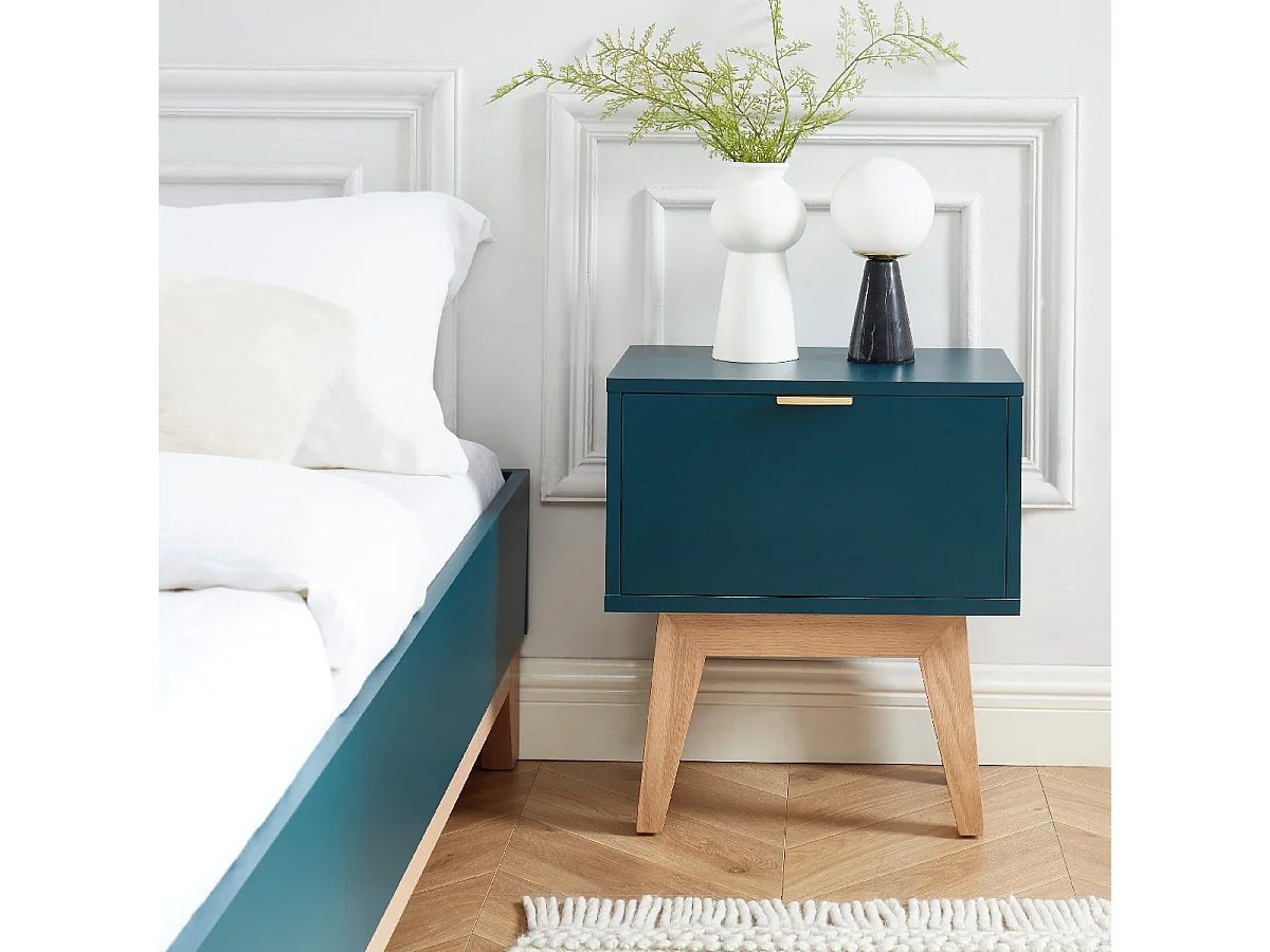 Table de chevet 1 tiroir - laqué bleu canard - Collection Emma - ELLE DÉCORATION