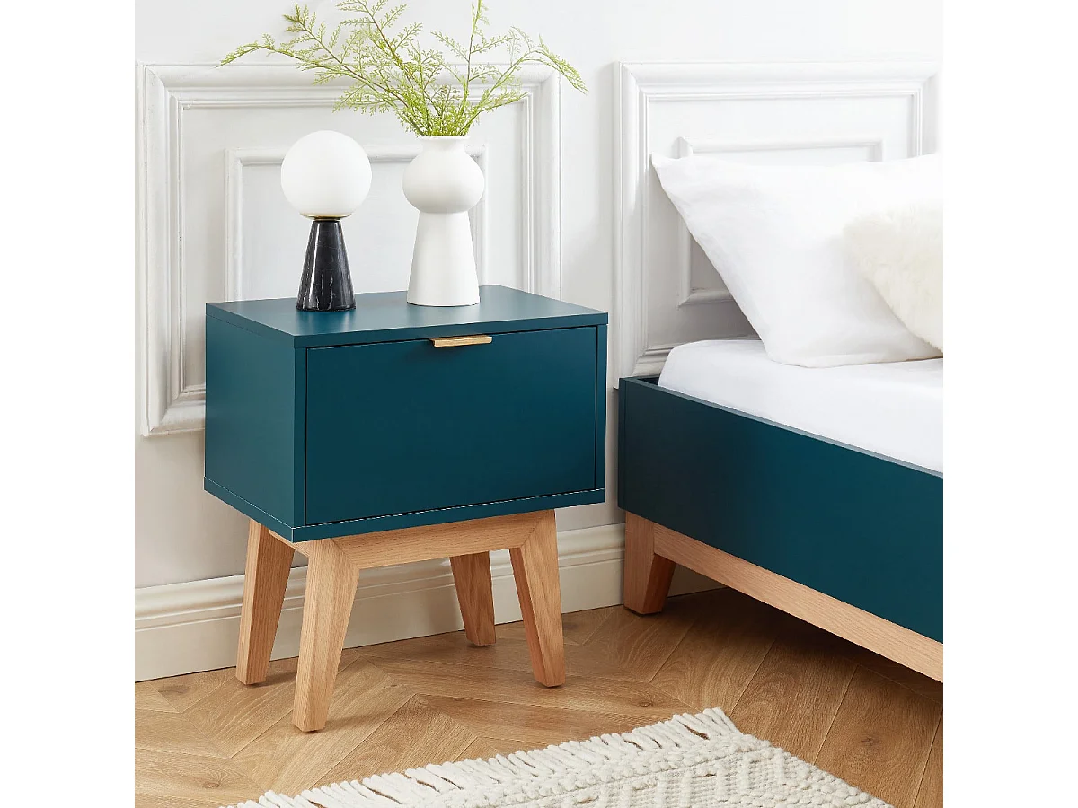 Table de chevet 1 tiroir - laqué bleu canard - Collection Emma - ELLE DÉCORATION