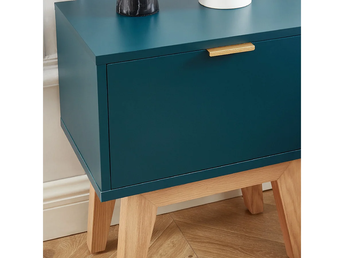 Table de chevet 1 tiroir - laqué bleu canard - Collection Emma - ELLE DÉCORATION