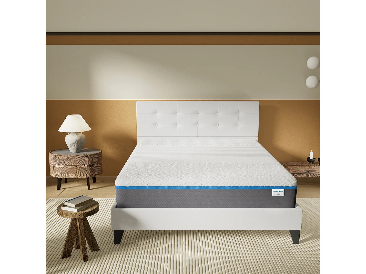 Ensemble 160x200 cm, lit avec tête de lit + Matelas mousse latex ép.28cm accueil à mémoire de forme