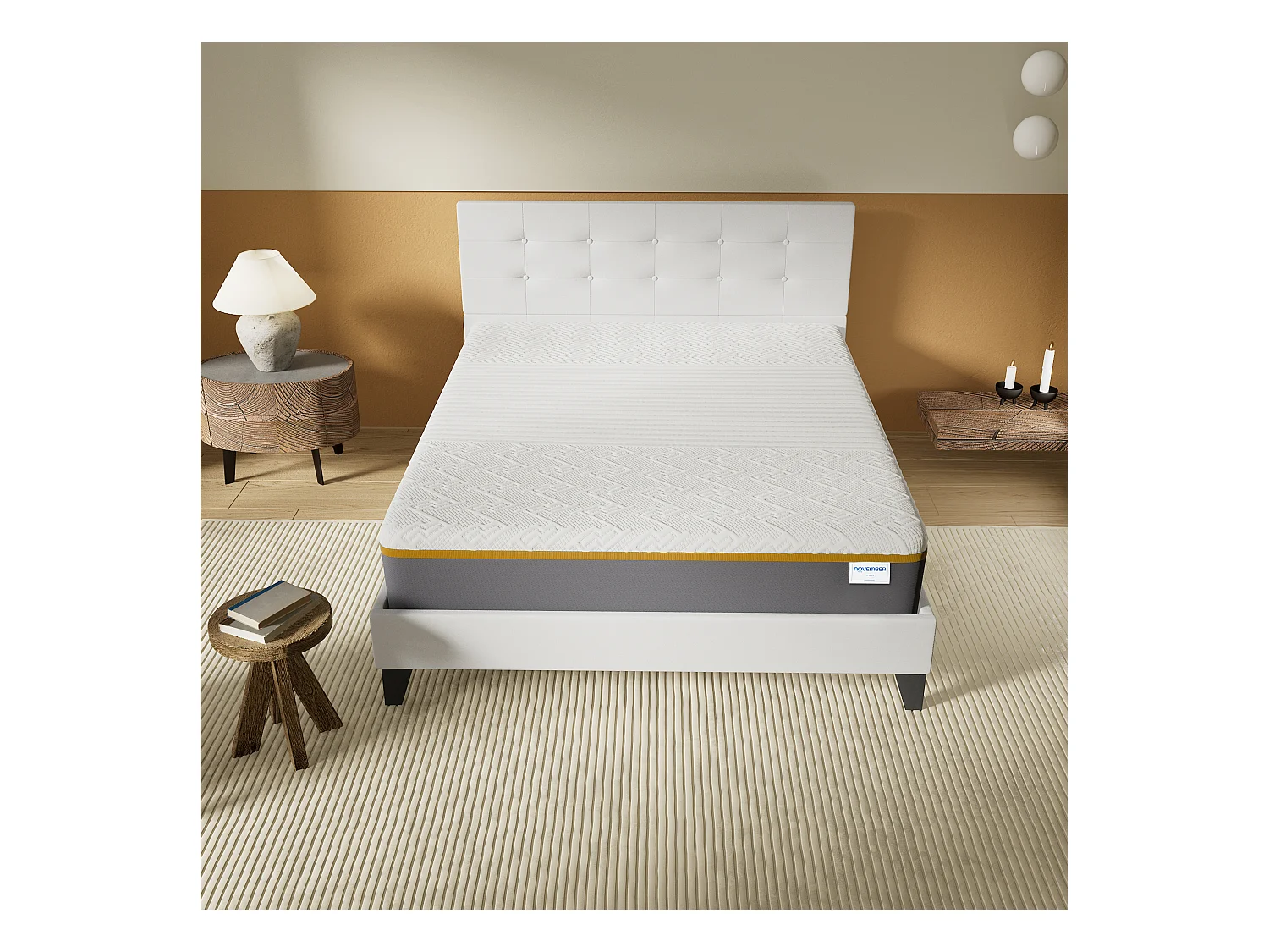 Ensemble 140x200 cm, lit avec tête de lit + Matelas mousse latex ép.28cm accueil à mémoire de forme