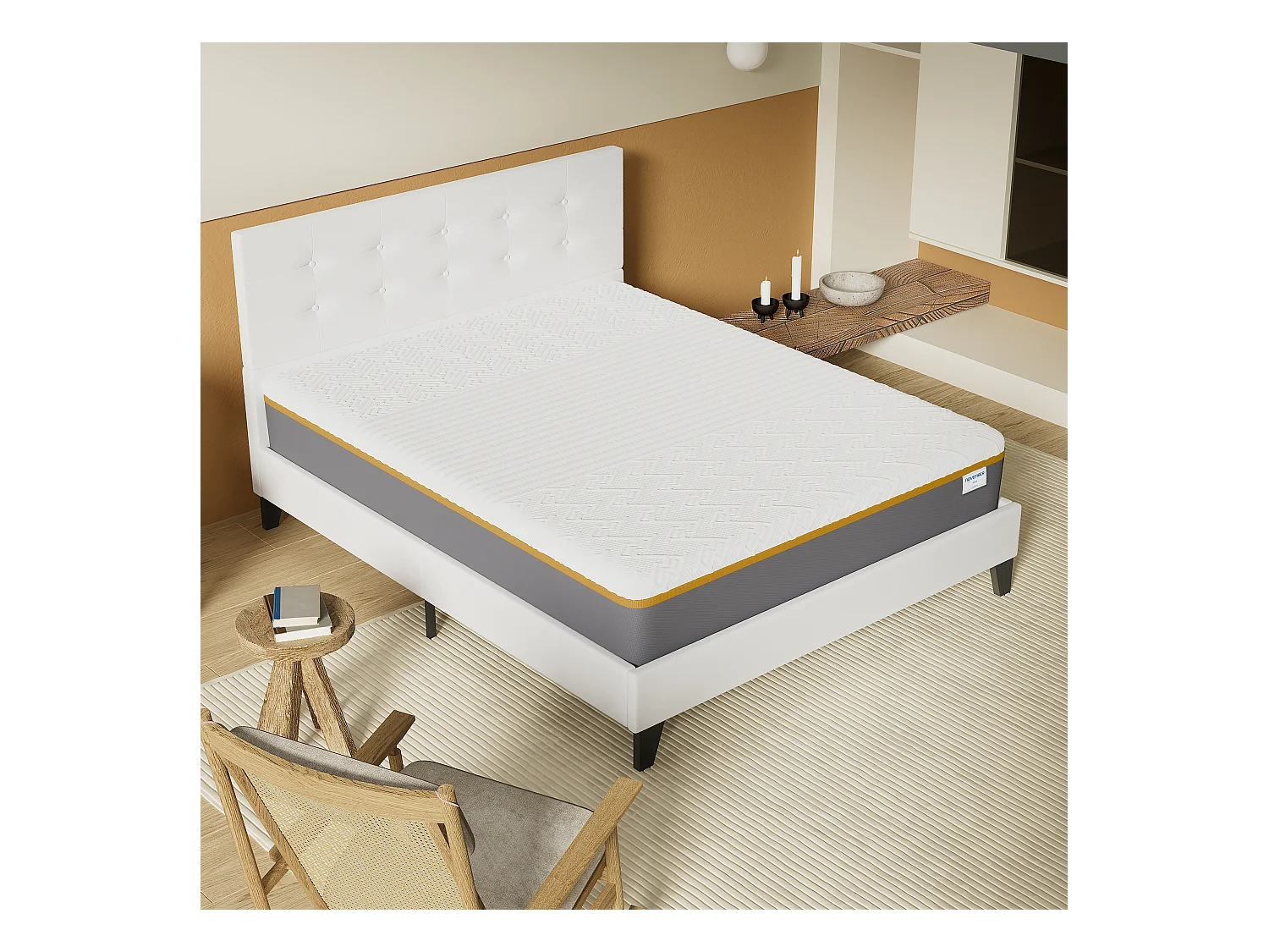 Ensemble 140x200 cm, lit avec tête de lit + Matelas mousse latex ép.28cm accueil à mémoire de forme