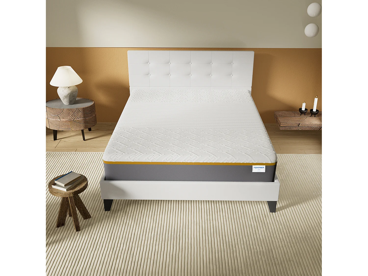 Ensemble 160x200 cm, lit avec tête de lit + Matelas mousse latex ép.28cm accueil à mémoire de forme