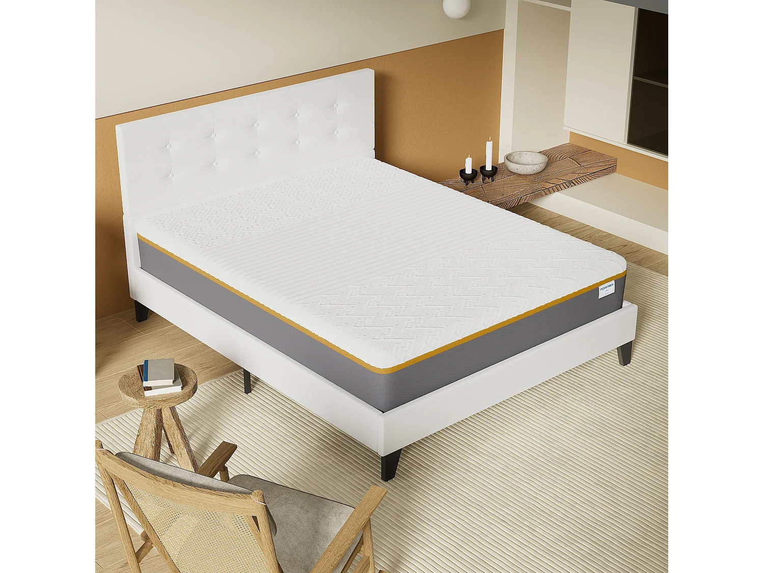 Ensemble 160x200 cm, lit avec tête de lit + Matelas mousse latex ép.28cm accueil à mémoire de forme