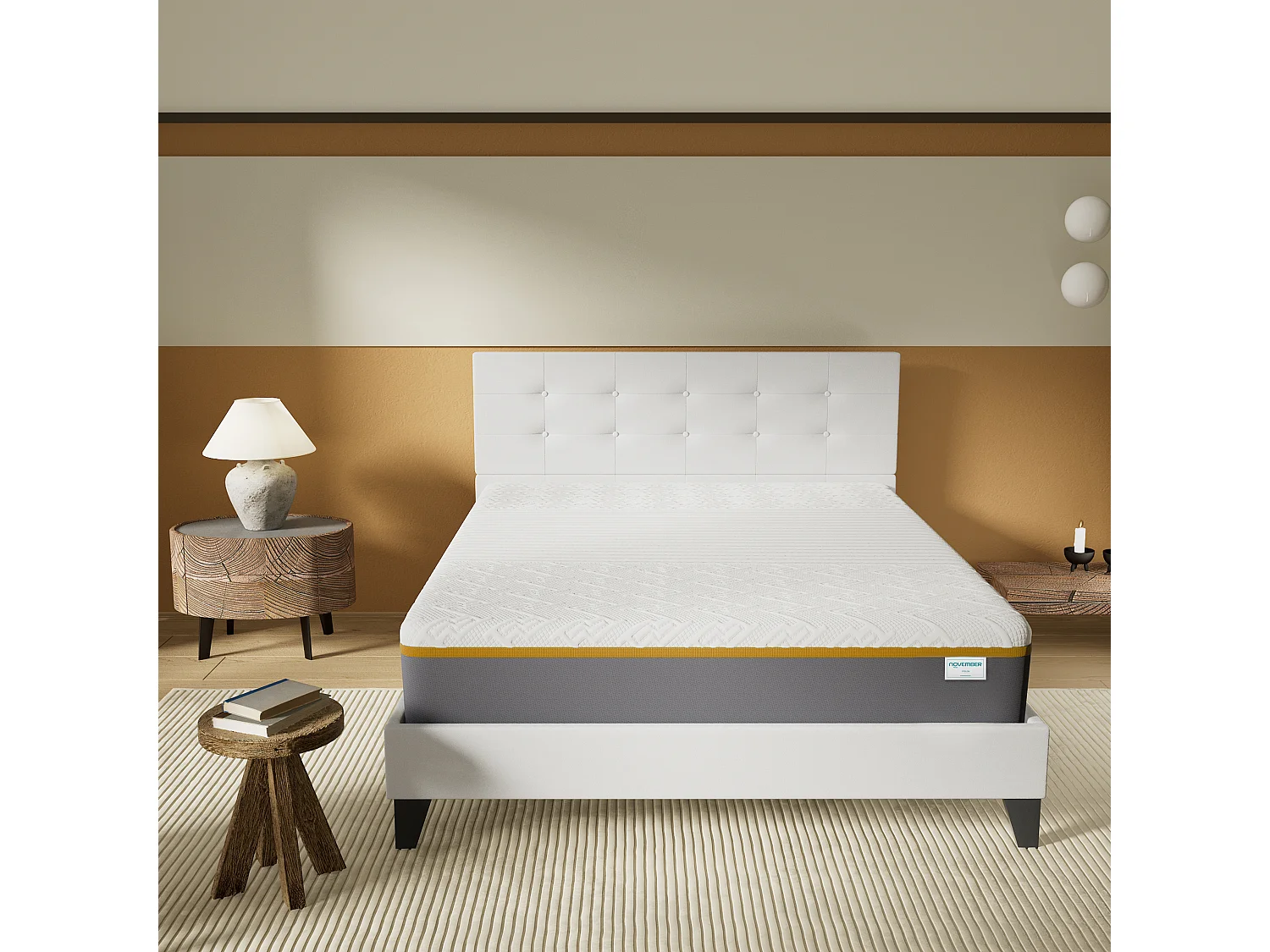 Ensemble 160x200 cm, lit avec tête de lit + Matelas mousse latex ép.28cm accueil à mémoire de forme