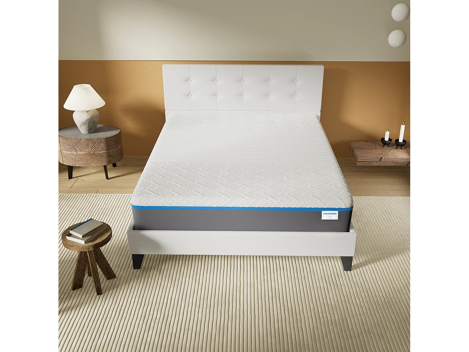 Ensemble 140x200 cm, lit avec tête de lit + Matelas mousse latex ép.28cm accueil à mémoire de forme