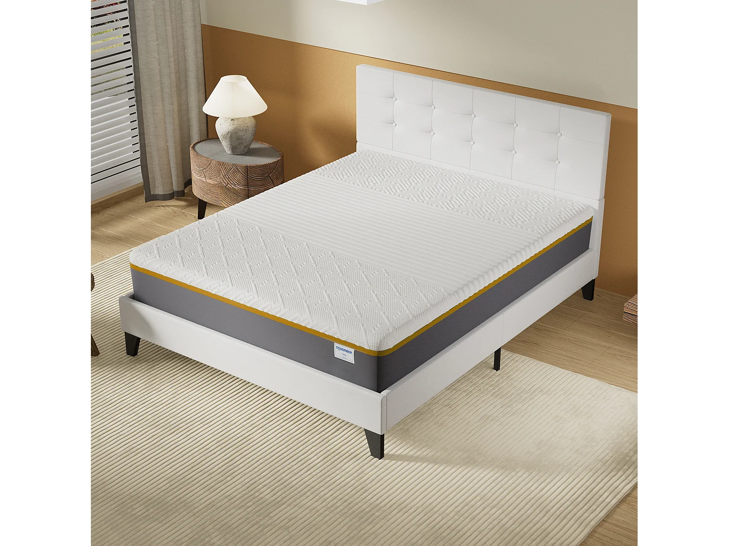 Ensemble 140x190 cm, lit avec tête de lit + Matelas mousse latex ép.28cm accueil à mémoire de forme